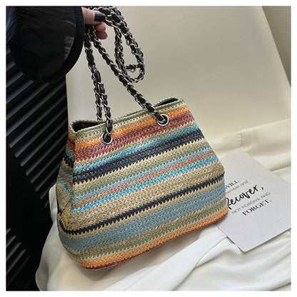 SANYAMK 2025 Straw bag women's large capacity popular new summer shoulder woven bag leisure bucket bag seaside vacation beach bag