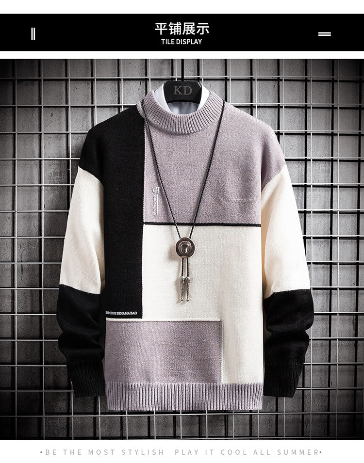 Bonsir  autumn and winter new sweater warm fashion stitching color matching pullover round neck sweater thickened knitted sweater