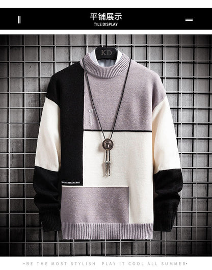 Bonsir  autumn and winter new sweater warm fashion stitching color matching pullover round neck sweater thickened knitted sweater