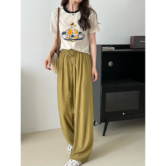 2025 popular spring Korean casual pants elastic waist thin straight drape wide legs mopping loose trousers 7392