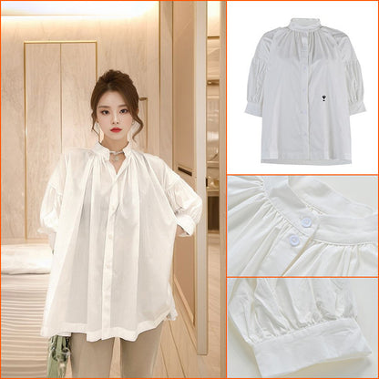 Small white shirt women's design niche top spring and summer  new bubble sleeve shirt L1077