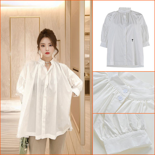 Small white shirt women's design niche top spring and summer  new bubble sleeve shirt L1077