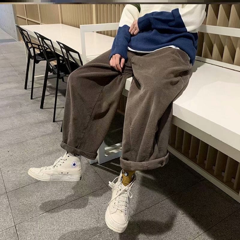 sanyamk men fall outfits casual Spring and Autumn Japanese Harajuku Style Corduroy Pants Fashionable Retro Trendy Loose Straight Casual Pants Harem Wide Leg Pants