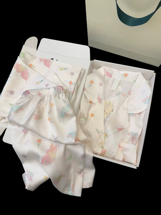 summer ice silk pajamas women's short-sleeved three-piece set sweet butterfly summer light and cool loungewear