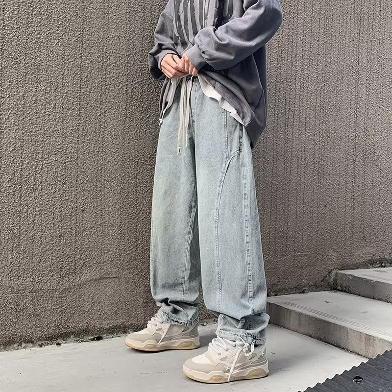 sanyamk 90s streetwear Straight Jeans Men's Spring and Autumn Japanese Men's Washed Blue Loose Wide-Leg Casual Ankle-Tied Pants Men's