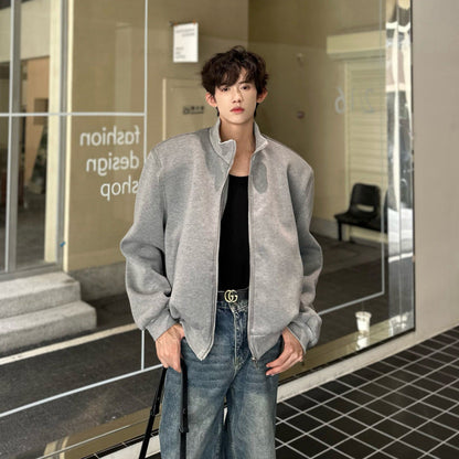 sanyamk fall fits men Autumn Casual Cardigan Jacket Gray Jacket Men's Loose Profile Internet Celebrity High-Grade Short Stand Collar Sports Sweater