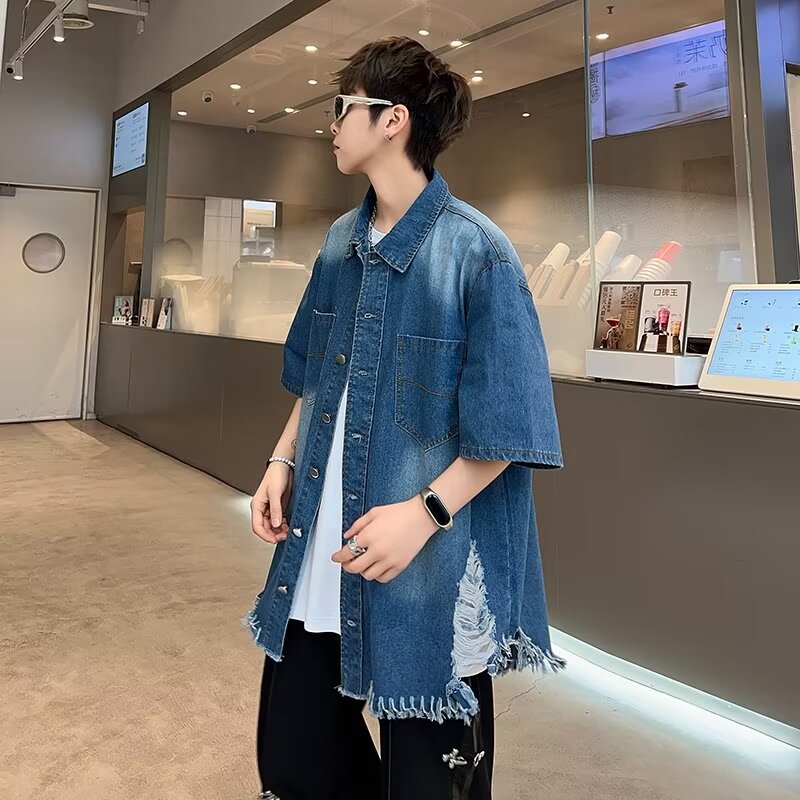 sanyamk skater boy outfits Denim Short Sleeve Shirt Men's Summer Thin Shirt Five-Point Shirt Loose plus Size Half Sleeve Japanese Retro Top