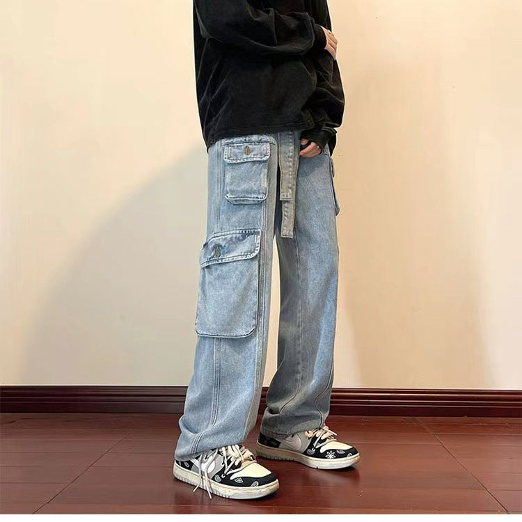 sanyamk streetwear men outfits Hong Kong Style Functional Multi-Pocket Overalls Men's American Casual Ins High Street Spring and Autumn Boys Wide Leg Denim