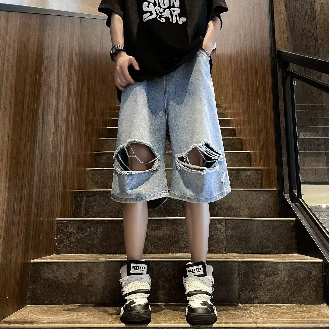 sanyamk skater boy outfits Summer Fashion Brand Thin Knee Ripped Jeans Men's American-Style Loose Straight Wide-Leg Pants Trendy Shorts