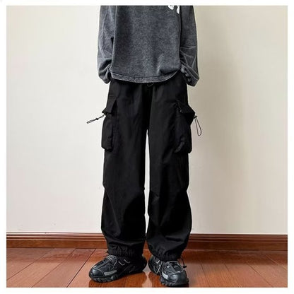 Bonsir boy outfits Japanese Harajuku Style American Style Wide Leg High Street Multi-Pocket Drawstring Casual Pants Loose Oversize Overalls