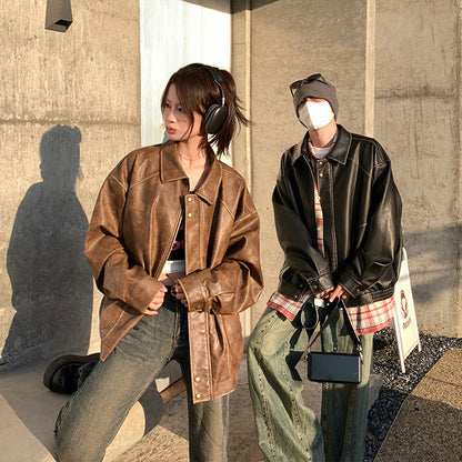 sanyamk Autumn New American Retro Fashion PU Leather Coat for Boys Washed Old Motorcycle Leather Jacket
