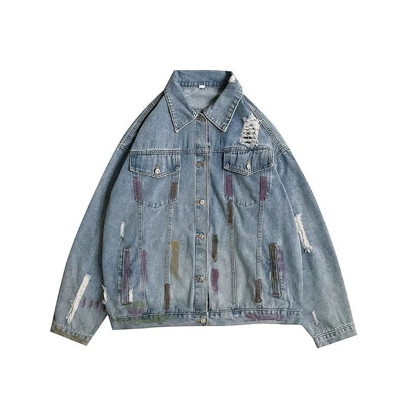 sanyamk Trendy Graffiti Hole Spring & Fall Loose Denim Jacket