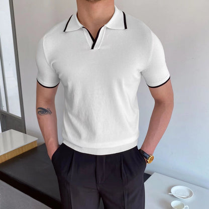 sanyamk masculine men Casual Lapel Polo Shirt Men's Business All-Match Slim Fit Micro Elastic T-shirt Summer Breathable Fashion Knitted Non-Ironing Short Sleeve