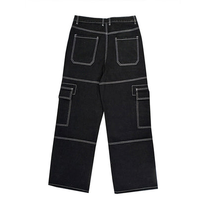 sanyamk 90s fashion men Denim Workwear Pocket Pants Men's Summer Straight Loose American High Street Versatile Casual Trousers