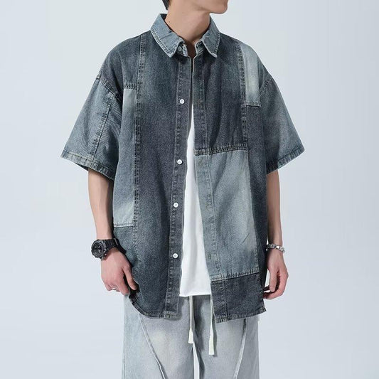 sanyamk 90s fashion men American-Style Retro Niche Stitching Denim Short-Sleeved Shirt Men's Shirt Junior Shirt Coat Women's Fashion