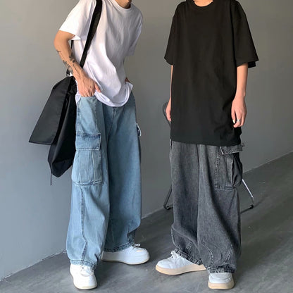 sanyamk 90s fashion men INS Japanese Style Street Retro Draping Loose Wide Leg Casual Large Pocket Workwear Denim Washed Dad Pants Men and Women