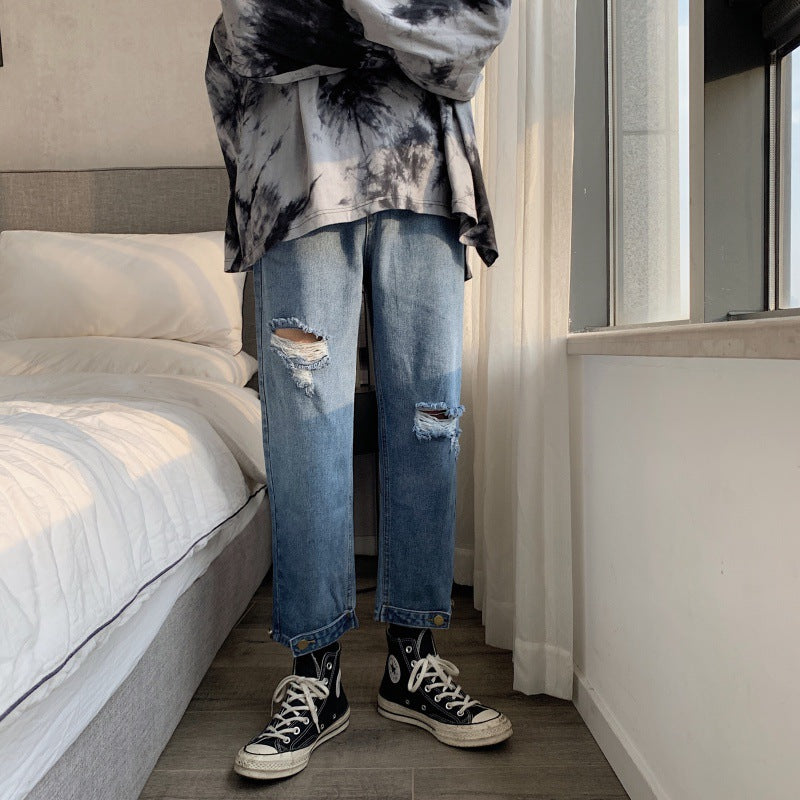 sanyamk 90s fashion men 2024 Black Ripped Jeans Men's Summer Thin Korean Style Trendy Cropped Pants Hong Kong Style Ruffle Handsome Retro Pants