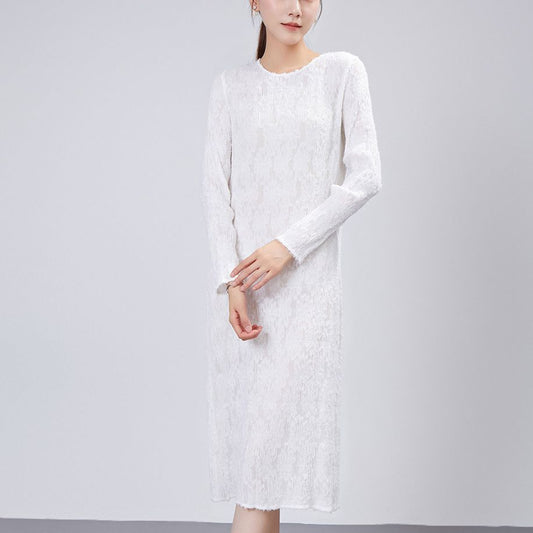 White dress autumn women's high-end fringed pleated medium and long bottom skirt chic design knitted skirt