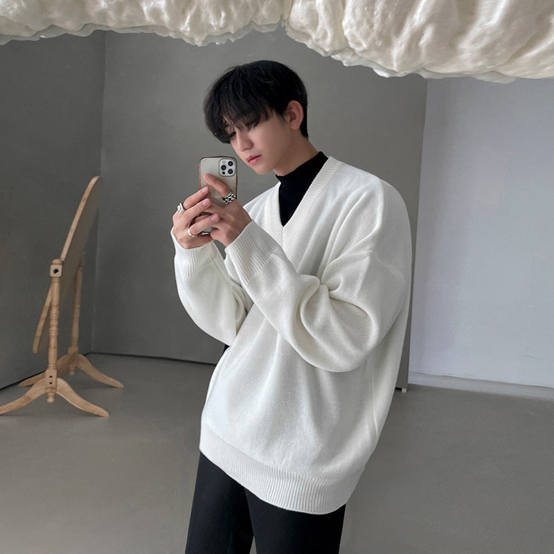 sanyamk fall outfit men Sweater Men's Autumn and Winter Korean Style Trendy Sweater Jacket Loose Lazy Style White V-neck Pullover Sweater