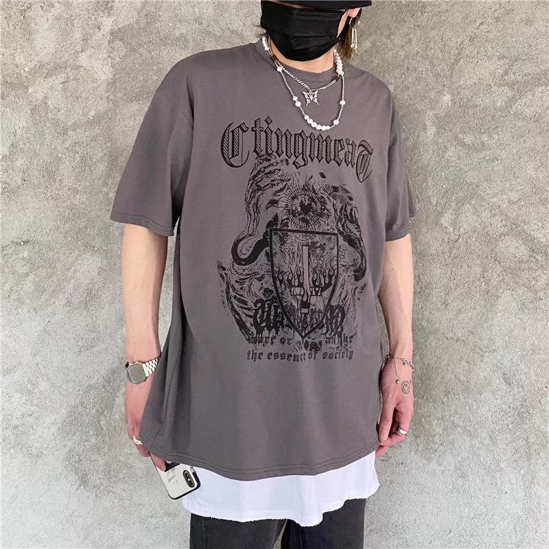 Bonsir 90s streetwear INS Dark Street Hip Hop Personality All-Match Loose round Neck Short Sleeve T-shirt Dark