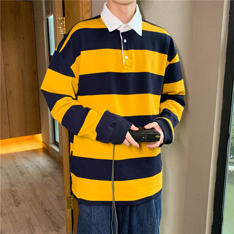 sanyamk rugby shirt outfit Spring and Autumn New Versatile Casual Hong Kong Style Striped Loose Sweater Korean Style Trendy Lapel Polo Shirt Bottoming Shirt