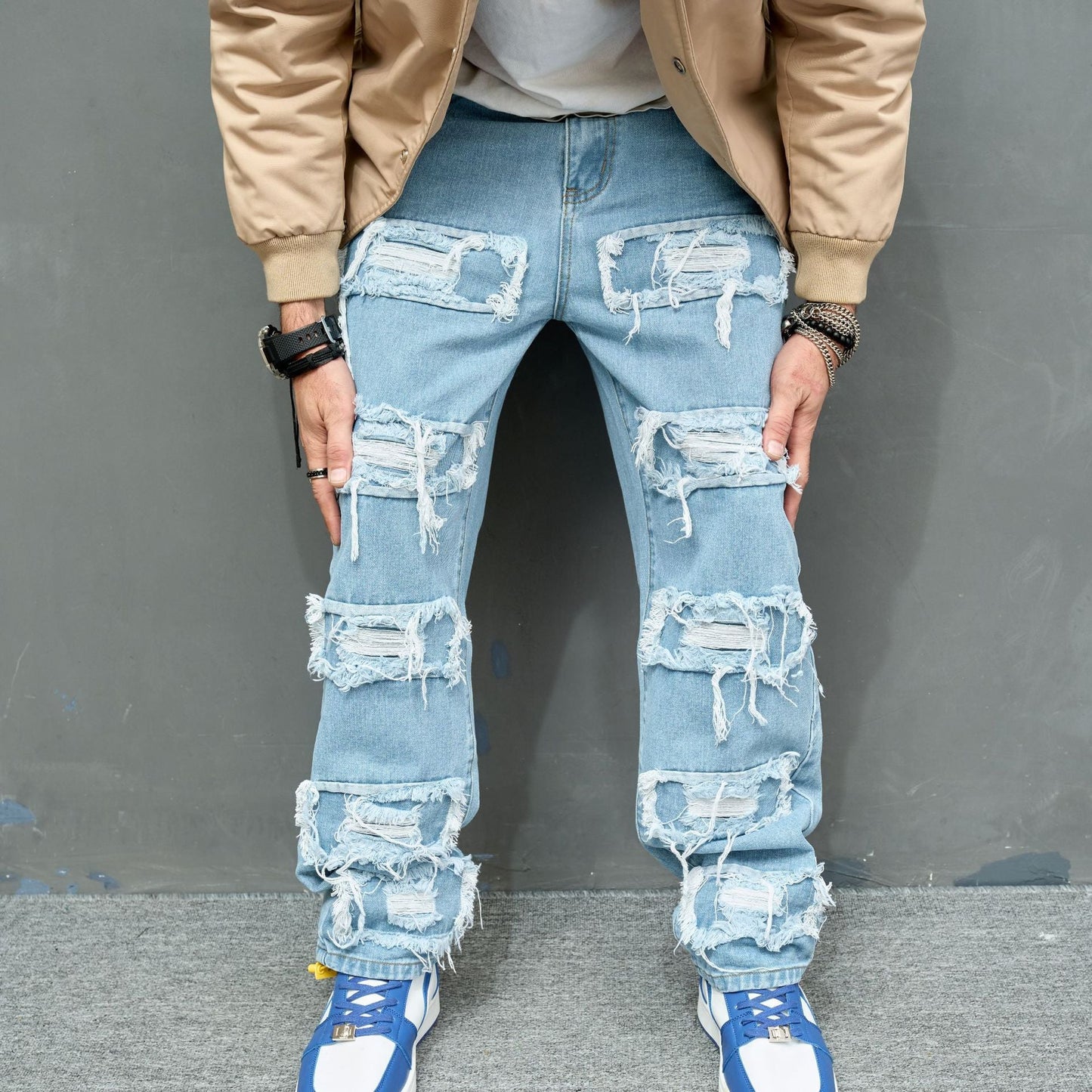 sanyamk 90s fashion men New Men's Jeans Knee Worn Stretch Casual Slim Fit Men's Skinny Pants Fashion