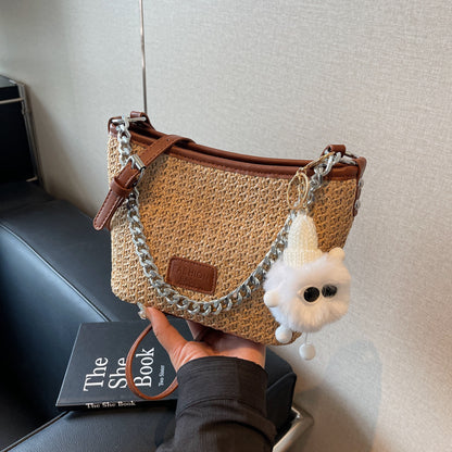 SANYAMK 2025 Versatile straw woven small bag women's popular new fashion chain bucket bag summer popular woven bag messenger bag