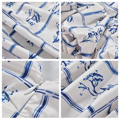 [Blue and white porcelain] Elegant and gentle temperament white blue flower one-word shoulder tube top versatile short thin L4012