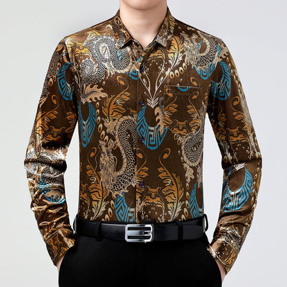 sanyamk older mens fashion Retro Dragon Pattern Long-Sleeved Shirt Men's Autumn and Winter Shirt Men's Casual Western Style Shirt Dad Wear