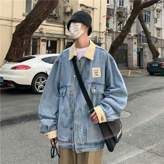 sanyamk 90s fashion men American Retro Denim Coat for Boys Spring and Autumn New Loose All-Match Fashion Handsome Casual Workwear Jacket