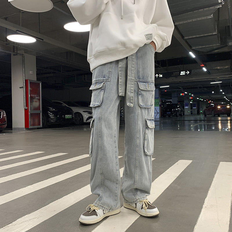 sanyamk 90s fashion men Multi-Pocket Workwear Jeans Men's Autumn and Winter Ins Street Hip Hop Casual All-Match Wide-Leg Mopping Trousers