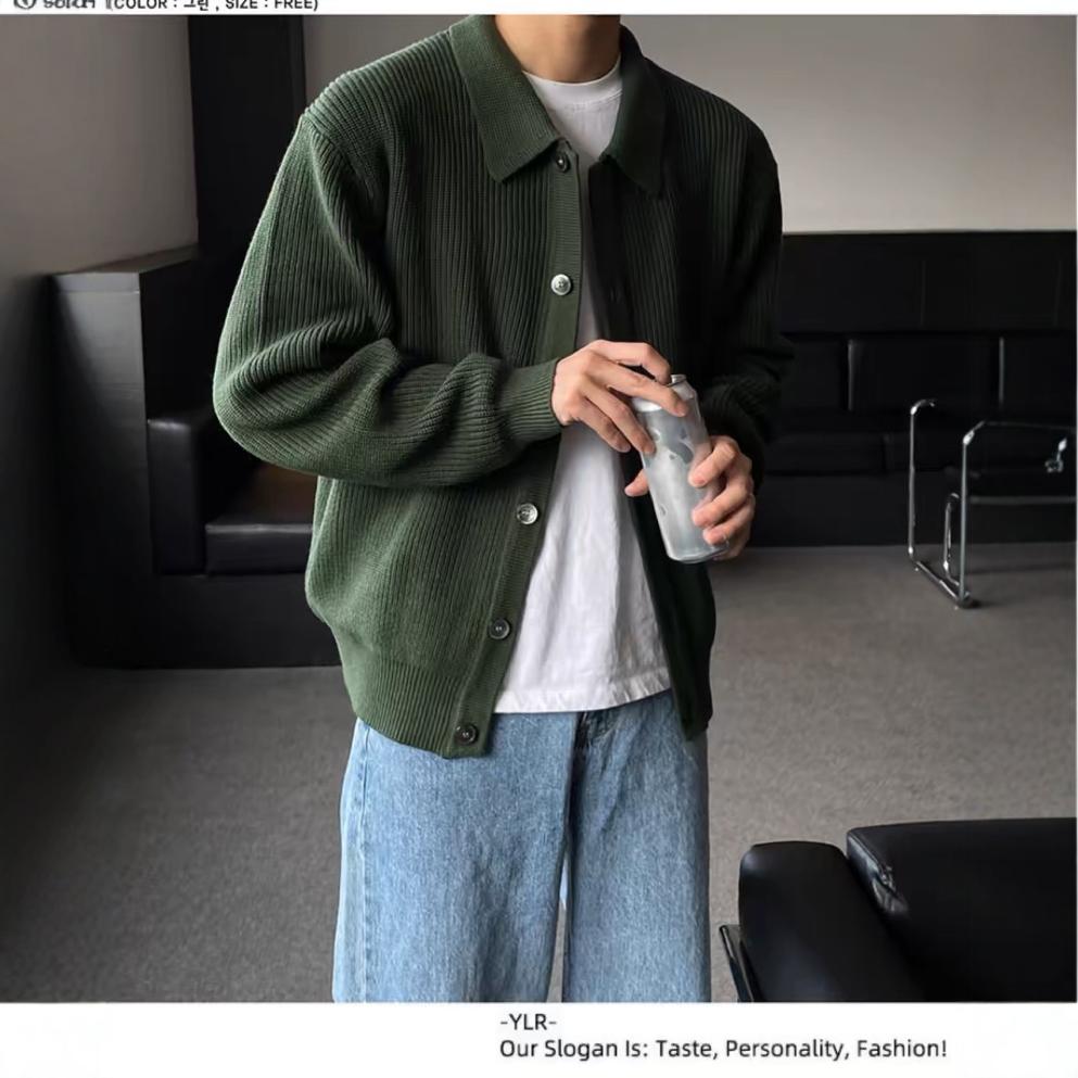 sanyamk classy outfits men Autumn and Winter Dark Green Lapel Sweater Cardigan Coat Men's Loose Lazy Style Sweater Korean Men's Fashion Casual