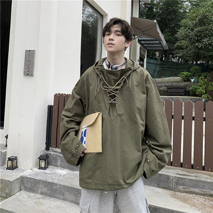 sanyamk 90s fashion Workwear Sweater Men's Japanese Ins Spring and Autumn Hooded Top Loose Pullover Casual Jacket