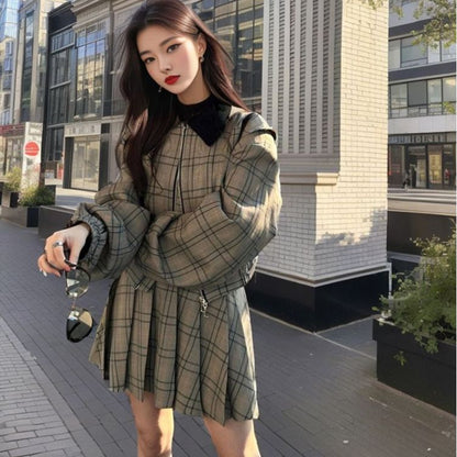 Autumn and winter women's clothing fashion plaid suit skirt loose and thin short coat women's pleated skirt two-piece set K9056