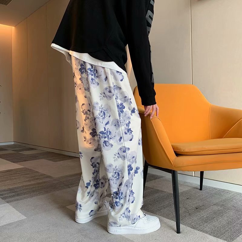 sanyamk starboy outfit Rendering White Casual Pants Men's Autumn Thin Floral Hip Hop Trousers Hip Hop Couple Loose Straight Wide Leg Pants