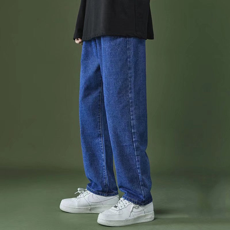 sanyamk 90s streetwear Straight Jeans Men's Spring and Autumn Japanese Men's Washed Blue Loose Wide-Leg Casual Ankle-Tied Pants Men's