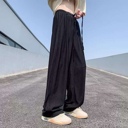 Bonsir fall mens outfits Ice Silk Pants Men's Summer Thin American High Street Fashion High-Grade Ruffle Handsome Drape Straight Wide-Leg Casual Trousers