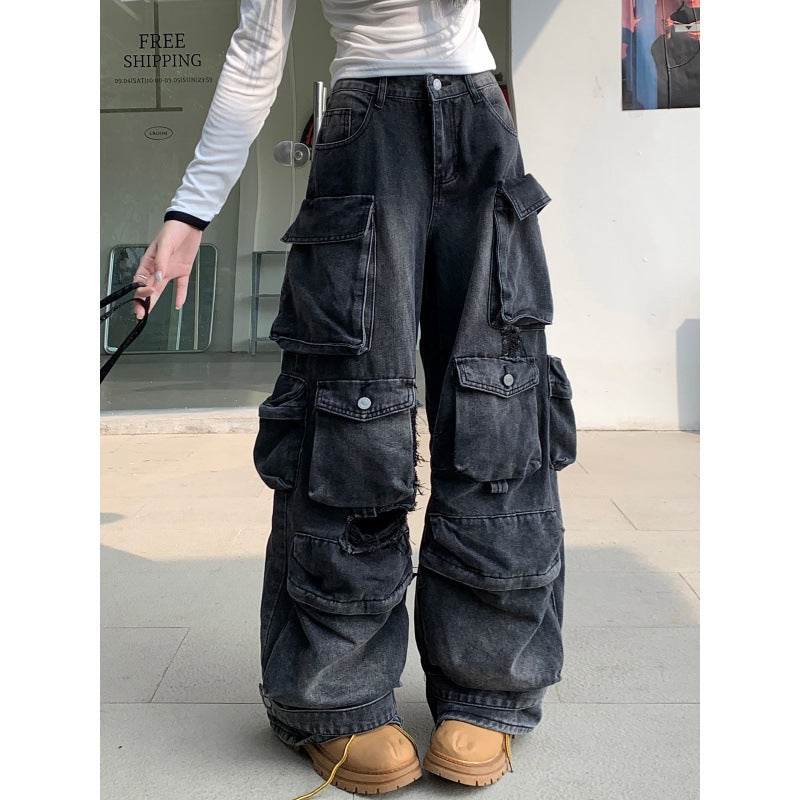 sanyamk non binary outfits American-Style Washed Worn Multi-Pocket Workwear Jeans Women's Street Straight Loose Wide-Leg Trousers