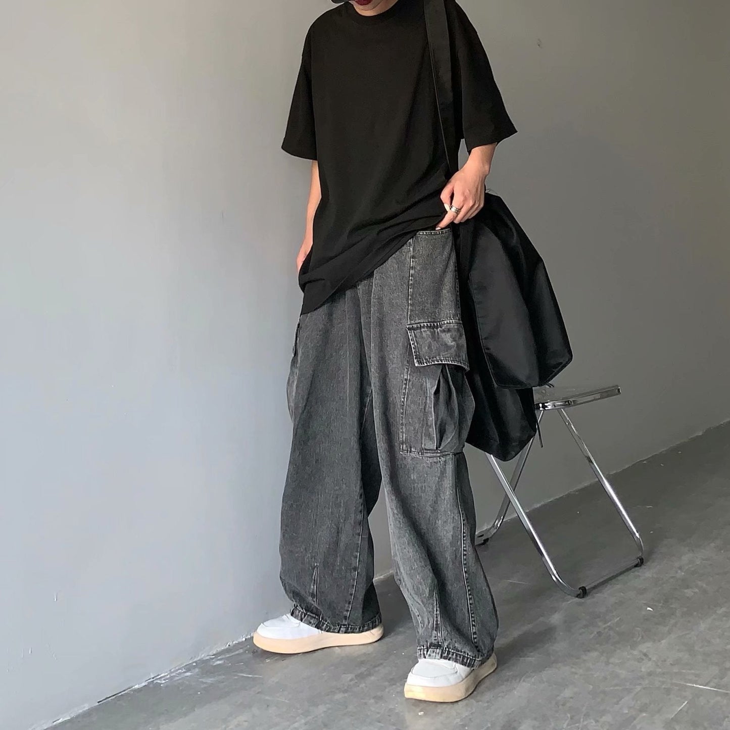 sanyamk 90s fashion men INS Japanese Style Street Retro Draping Loose Wide Leg Casual Large Pocket Workwear Denim Washed Dad Pants Men and Women