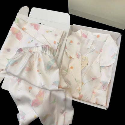 summer ice silk pajamas women's short-sleeved three-piece set sweet butterfly summer light and cool loungewear