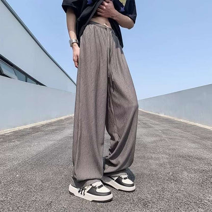 Bonsir fall mens outfits Ice Silk Pants Men's Summer Thin American High Street Fashion High-Grade Ruffle Handsome Drape Straight Wide-Leg Casual Trousers