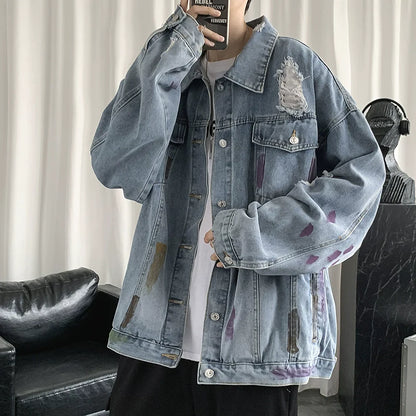 sanyamk Trendy Graffiti Hole Spring & Fall Loose Denim Jacket