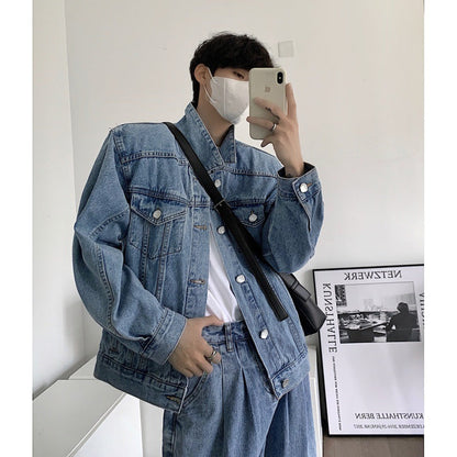 sanyamk outfit ideas Fit Light Blue Workwear American Shoulder Pad Ean Denim Coat Men's Jacket High Street CL Spring and Autumn Shoulder Short