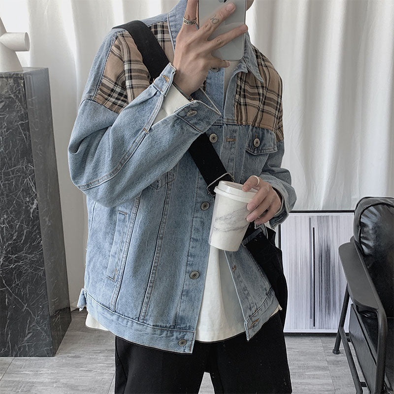 sanyamk mens outfits Denim Jacket Men's Ins Spring and Autumn Hong Kong Style Korean Style Plaid Stitching Loose Casual Jacket Student Top