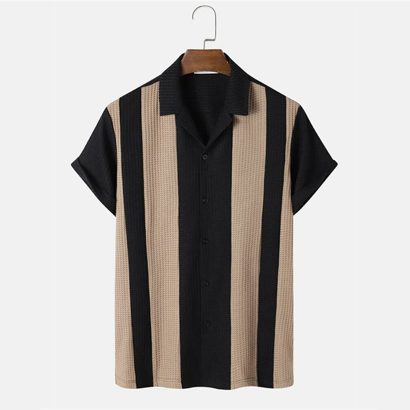 sanyamk mens outfits New Casual Striped Beach Fashion Loose Short Sleeve Shirt Men