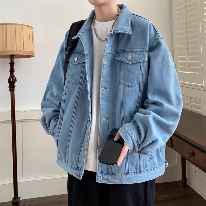 sanyamk carhartt jacket outfit Workwear Solid Color Denim Coat Men's Spring 2024 New American High Street Vibe Washed Distressed Loose Jacket