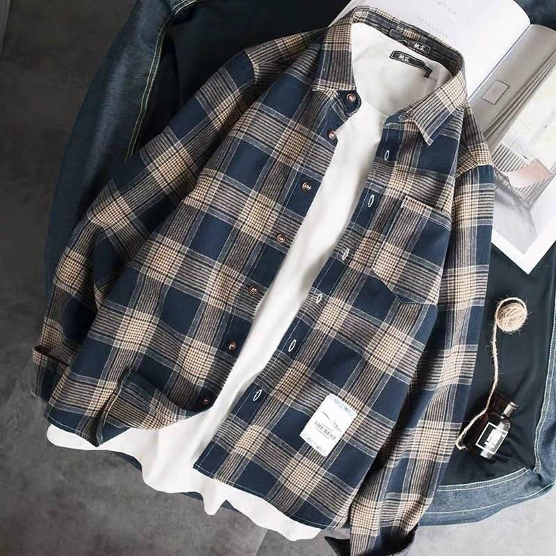 sanyamk mens clothing styles Colorful Plaid Couple Plaid Shirt Coat Long-Sleeved Shirt Youth Korean Casual Student Handsome Men's Shirt