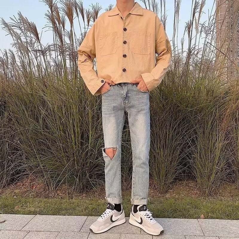 sanyamk fall outfits men Japanese Retro Workwear Shirt Casual Coat Men's 2024 Autumn New Lapel Jacket Korean Style Loose Top Fashion