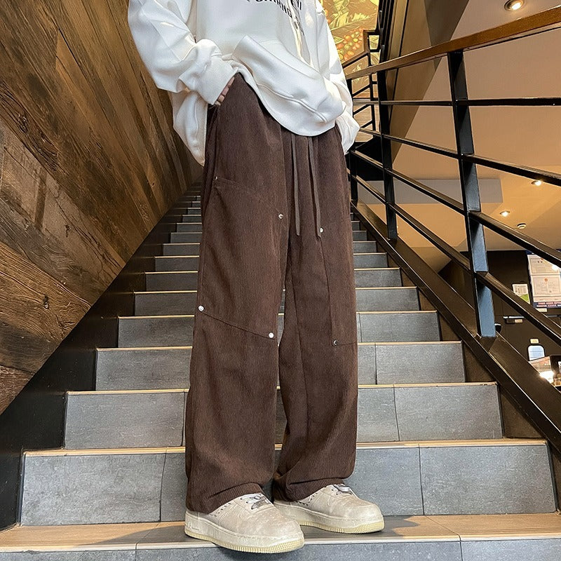 sanyamk men fall outfits casual American Retro Caramel Corduroy Pants Men's Autumn Belt Fixed Maillard Chenille Wide Leg Pants