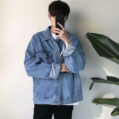 sanyamk 90s fashion men Spring and Autumn New Japanese Men's Denim Jacket Loose High Street Handsome Casual Suit Boys Workwear Lapel Jacket